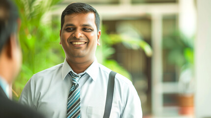 Fototapeta premium South Indian corporate man sharing a joke with a colleague