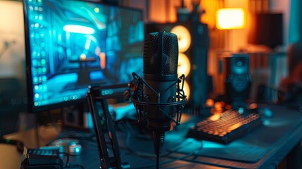 Close up view of microphone. PC at home with shooter game launched on. FPS experience virtual reality