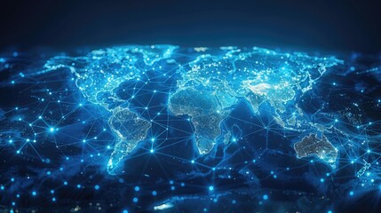 a glowing blue world map of glowing dots and lines. The dots represent cities, and the lines represent the connections between them.