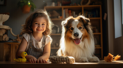 Smiling girl child with puppy indoors - playful moments and joyful friendship
