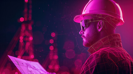 futuristic engineer in hard hat with digital plan projection at night