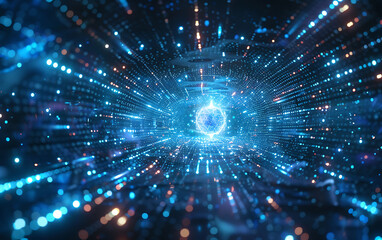 Obraz premium Futuristic digital landscape with a central quantum core and digital particles, symbolizing AI and global data connections