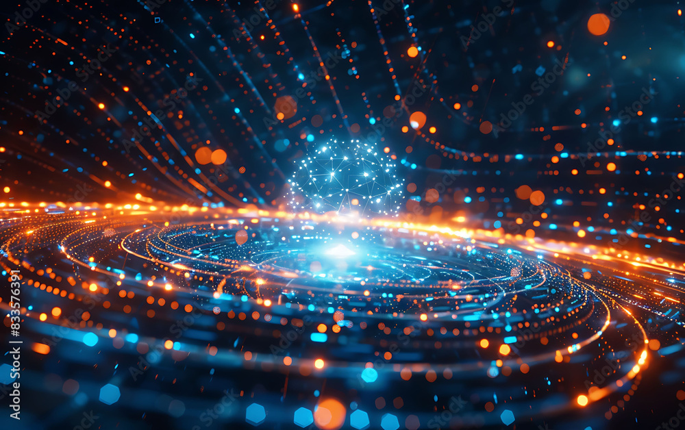 Poster Futuristic digital landscape with a central quantum core and digital particles, symbolizing AI and global data connections