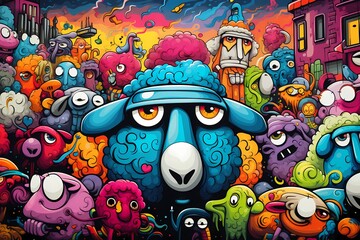 doodle background design, colorful sheep graffiti art