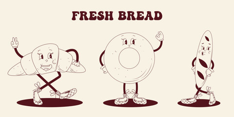 Character bread, pretzel, bun for bakery design in the style of the 60s-70s.Groovy-style characters for bakery, bread, and baking designs.Fresh bread
