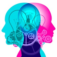 Two intertwined silhouettes, filled with intricate mechanical gears and light bulbs, symbolising the vibrant complexity of thought processes and ideas overlapping.