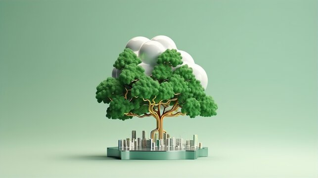 An eco-friendly house with a cloud shaped window, symbolizing cloud computing for remote work on a laptop