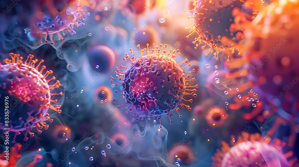 Poster Vibrant microscopic view of viruses with spiky surfaces, surrounded by particles and biological structures