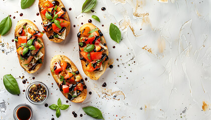 Delicious bruschettas with balsamic vinegar and toppings on light textured table, flat lay
