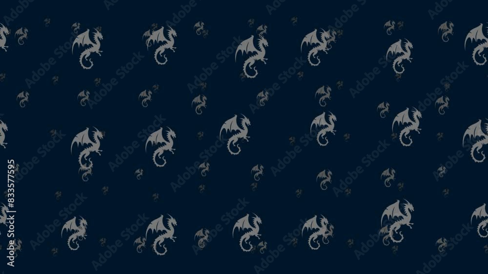 Poster dragon symbols float horizontally from left to right. parallax fly effect. floating symbols are loca