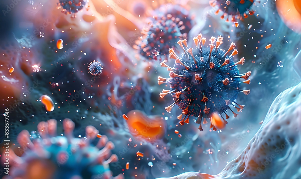 Poster High-resolution close-up of viruses with spiky surfaces, showcasing intricate textures and cellular elements
