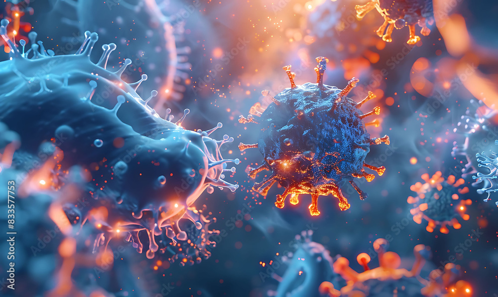 Poster high-resolution close-up of viruses with spiky surfaces, showcasing intricate textures and cellular 