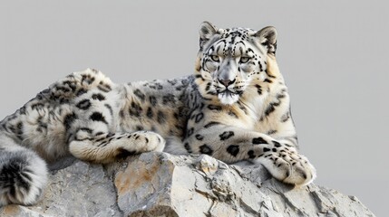 Obraz premium Graceful snow leopard relaxing on a rocky outcrop. Red Book animal