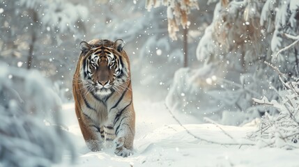 Obraz premium Siberian tiger walking through a snowy forest in winter. Red Book animal