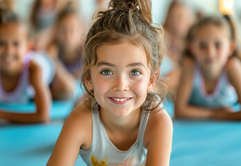 A cheerful young girl smiling at the camera during a gym class, with her friends in the background, all lying on mats.