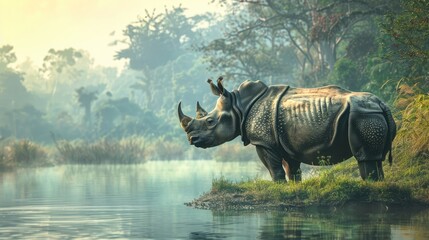 Fototapeta premium Gentle Javan rhino standing by a river in its natural habitat. Red Book animal
