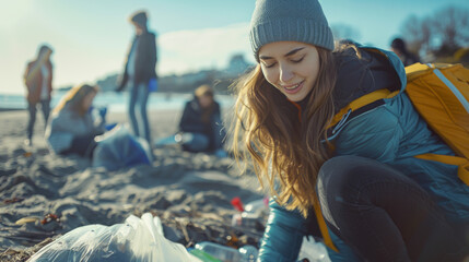 Woman Picking Up Trash on Beach