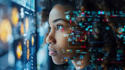 Obraz premium Woman Looking Out of Window at Computer Screen
