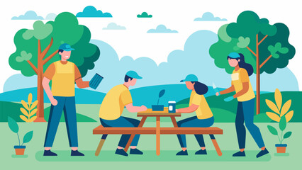 Fototapeta premium A team of volunteers installing new benches and picnic tables in the neighborhood park creating a welcoming and inviting outdoor space for everyone to. Vector illustration