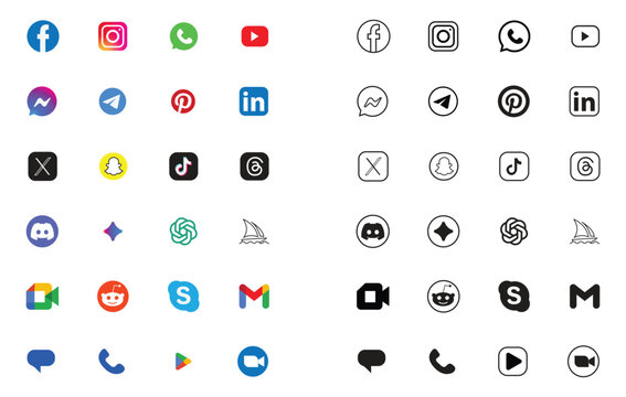 set of social media icons. set of social media logos such as facebbok, instagram, whatsapp, youtube, linkedin, tiktok etc.