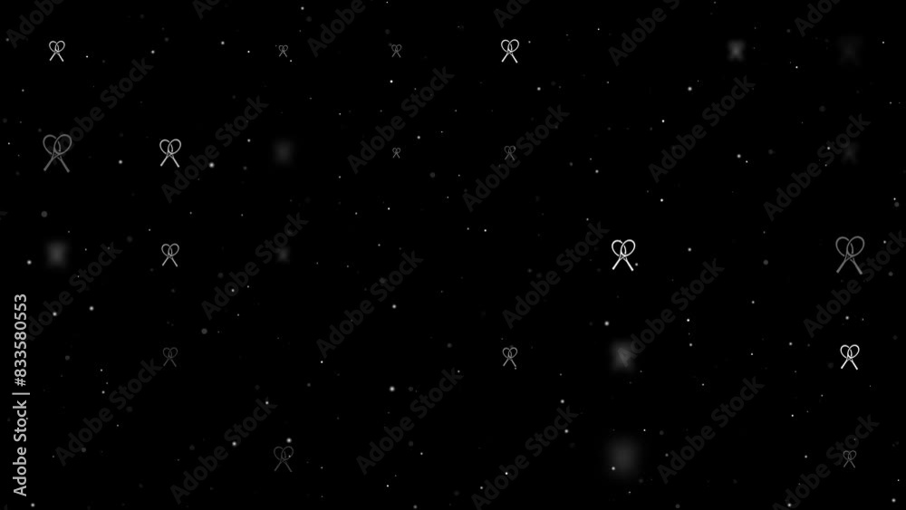 Poster template animation of evenly spaced crossed tennis rackets symbols of different sizes and opacity. a