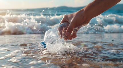 Hand of man picking up plastic bottle on beach