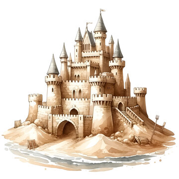recommend clip art: An illustration for summer, rendered in watercolor style, Sandcastle clipart with turrets and flags.