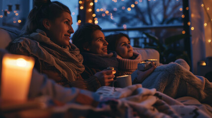 Three Women Sitting on a Couch Watching TV