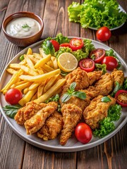 Fototapeta premium Chicken pieces plate served salad fries healthy diet sauce appetizing presentation
