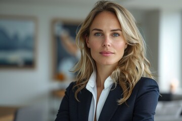  Young professional woman in a dark blazer, indoors.