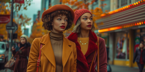 Obraz premium Two woman walk side by side on a city street, showcasing autumn fashion with vibrant fall colors around them, reflecting themes of fashion, seasonality, and urban life