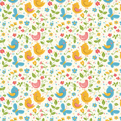 A vibrant and playful seamless pattern featuring cartoon animals like elephants, lions, giraffes, and monkeys among tropical foliage, ai