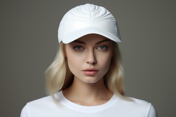 Close-up shot of a young blonde woman donning a stylish white cap against a grey background