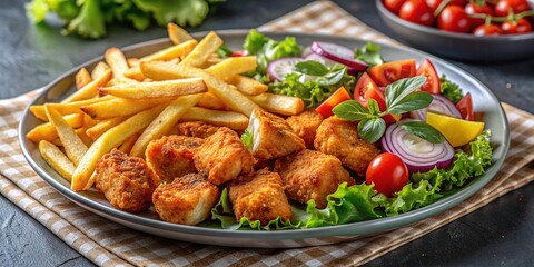 Fototapeta premium Chicken pieces plate served salad fries healthy diet sauce appetizing presentation
