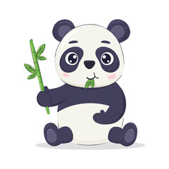 Funny panda character chewing bamboo. Element for children print, postcard isolated on white.