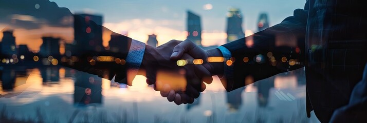 business handshake close up, focus on, copy space Bright tones, Double exposure silhouette with city skyline