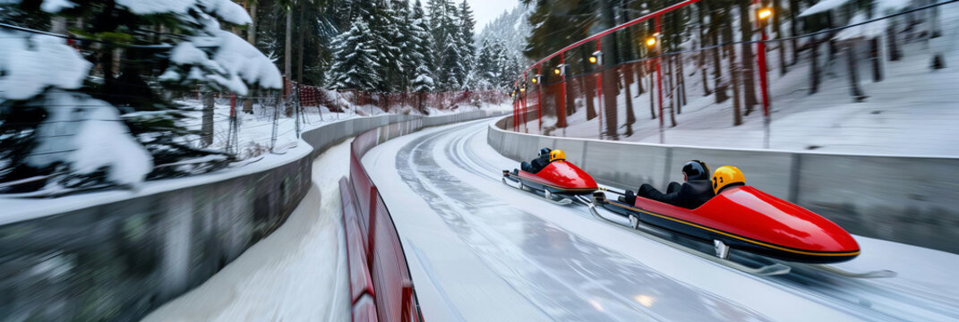 Bobsleigh team racing down icy track in Winter Olympics, close up, speed theme, dynamic, motion blur, snowy forest backdrop