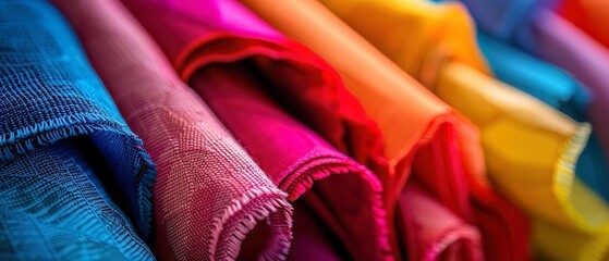 Colorful fabric rolls in vibrant shades, showcasing texture and depth.