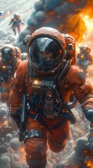 Cyborg pilots in mech suits lead a counter assault against alien drones in a high orbit skirmish