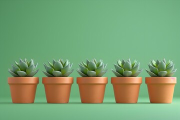 Fototapeta premium 3D render of cute succulents in white pots arranged in a row on a green background, in a minimalist style with a simple design 