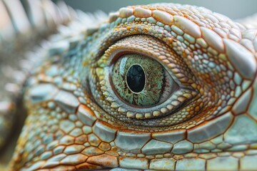 Fototapeta premium Detailed view of an iguanas eye, showcasing the scaly eyelids and sharp sight, ideal for reptilian sensory studies