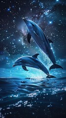 Obraz premium Dolphins dance in the sky, stars reflecting in their skin, blending night with ocean on National Dolphin Day