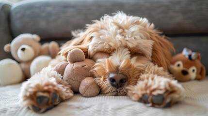 Focus on a cute dog dozing on a plush animal