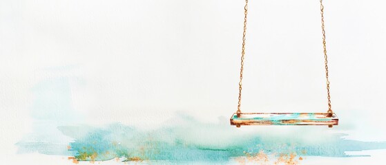 Minimalistic watercolor art featuring a swing with a serene blue and green background, evoking a sense of calm and nostalgia.