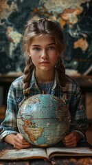 Naklejka premium Girl studying with a globe, world map backdrop, perfect for global awareness educational programs