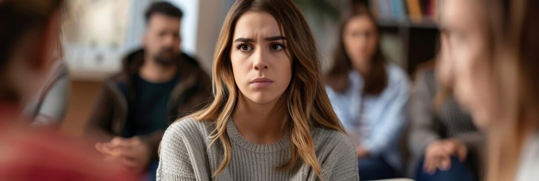 Sad woman at a mental health support group meeting