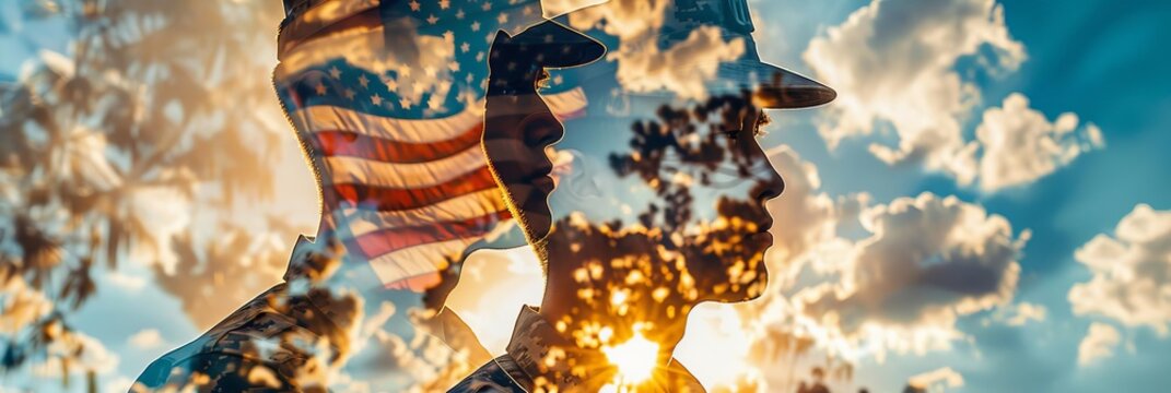 USA independence day flag and soldiers close up, focus on, copy space Vivid tones, Double exposure silhouette with military tribute