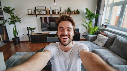 Young man taking a selfie in a modern living room