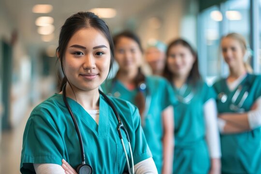 Young nursing student standing with her team in a hospital, dressed in scrubs