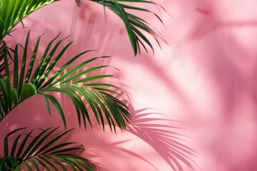 A palm tree is in front of a pink wall